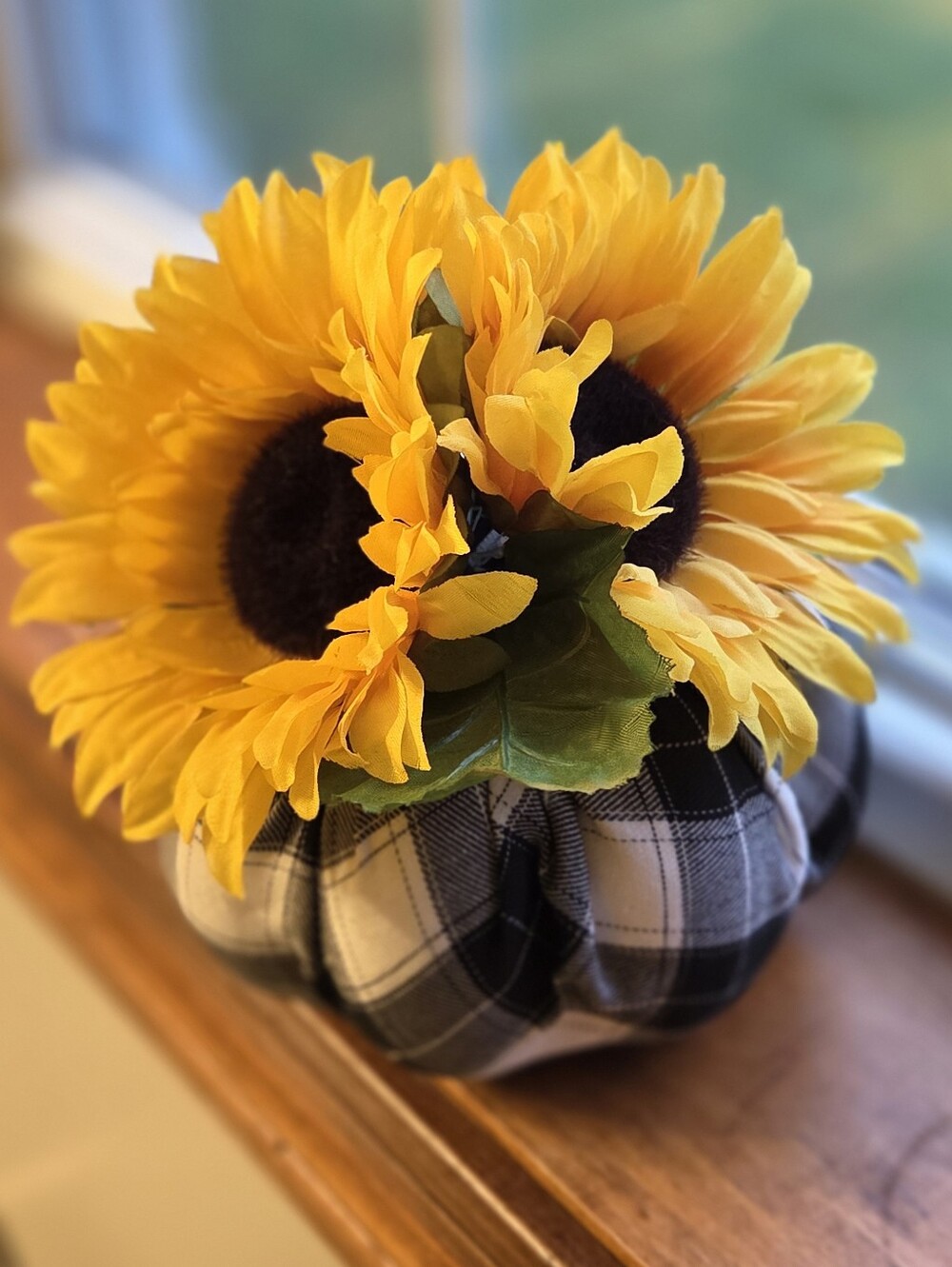 Sunflower Pumpkin Arrangement - Yellow Sunflowers in Plaid Home Accent